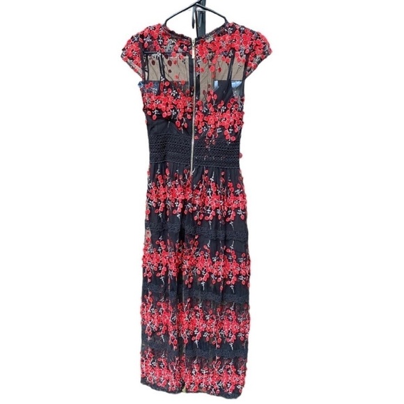 Bronx And Banco Gloria Midi Black Mesh in Red Floral Embroidery Dress - Picture 2 of 6